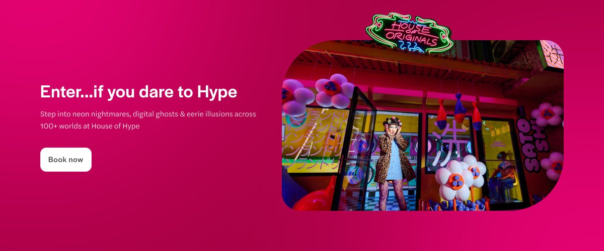 House of Hype Dubai entrance with neon lights and colorful decorations.